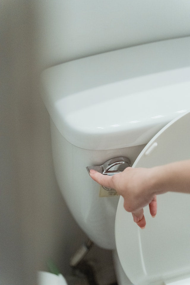 flushing white toilet with a chrome handle